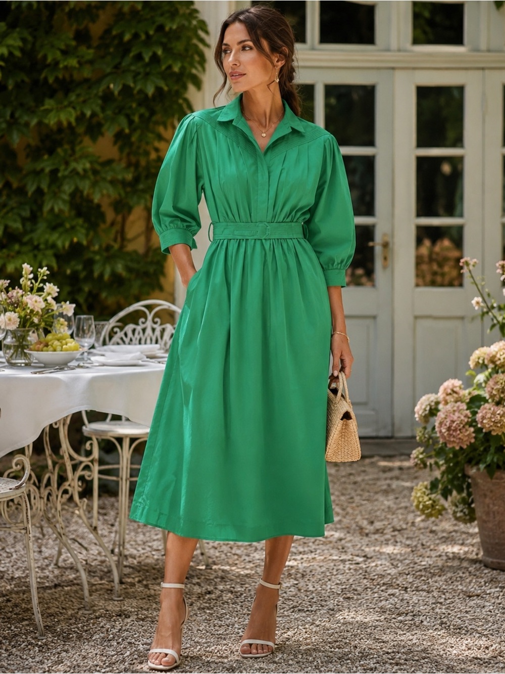 Vintage Lanz Originals Green Short Sleeve Belted  Size 10 Dress